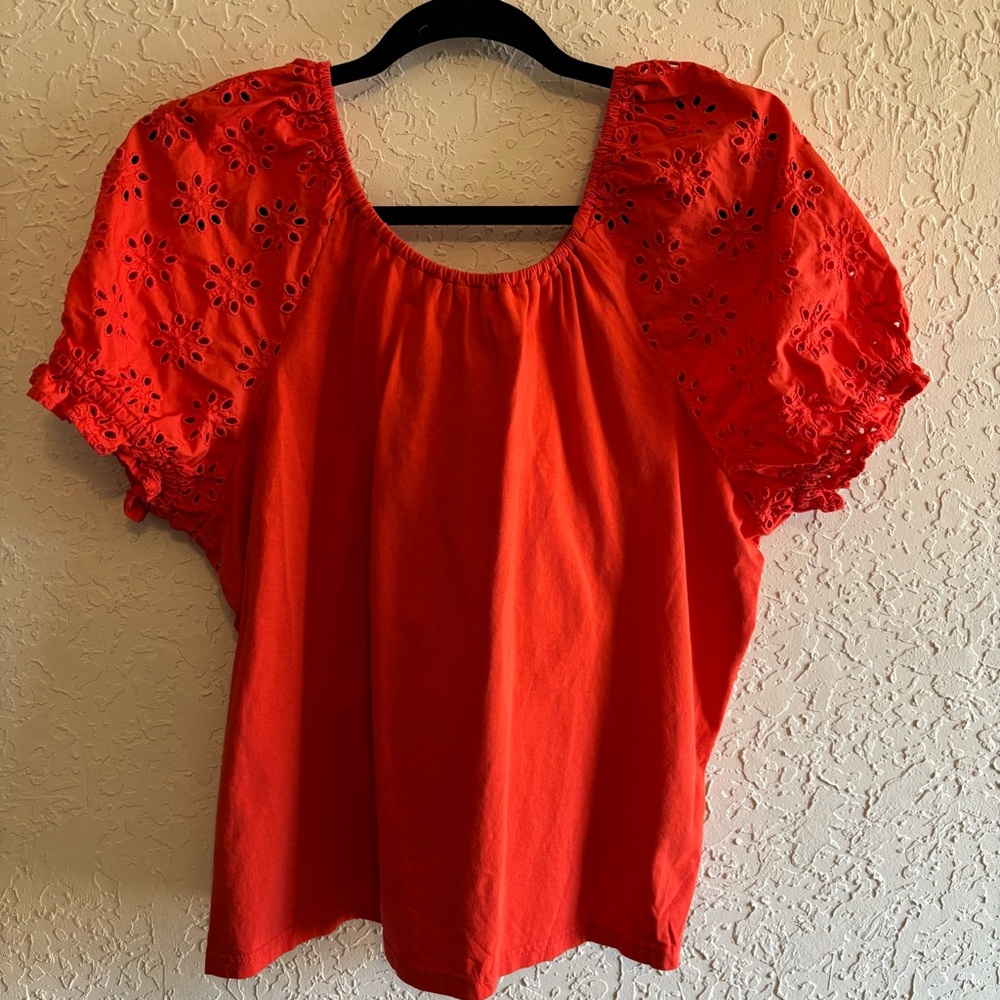 J. Crew Pullover Top Size Large Orange Cotton Embroidered Eyelet Puff Sleeve